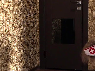 Creampie Under a Mature Nurse's Gown. a Fat MILF in a Medical Uniform Cleans up Behind the Scenes. Cum Flows Out of Her Cunt