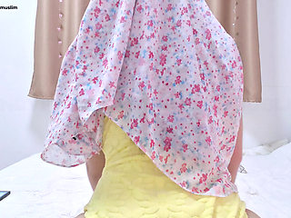 POV: a Malaysian Hijabi Girl Feeling Sexy in Yellow Bodysuit Showing off Her Body and Big Ass