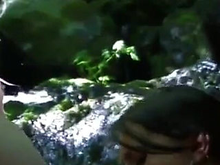 Threesome outdoor action with brunette babe