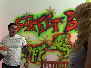 Graffiti Wall Titfuck - Busty Blonde in Black Stockings Rides and Gets Her Tits Fucked