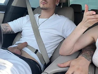 Jerking off the Driver and Filming a Video Report for Her Cuckold Husband