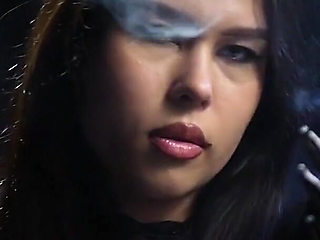 Sexy Russian Brunette Smoking in Black Lace Gloves