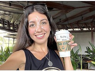 Katty West In Blowjob In A Public Toilet Starbucks And Cumwalk - She Drinks Coffee With Cum On Face Among People