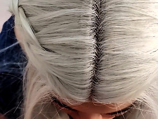 Submissive Sloppy Deepthroat in White Wig & Blue Contacts - Debora Swallowing Wellington's Thick Cock + Slow Stretching