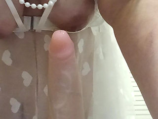 BBW rides thick 9.6 inch dildo in white lingerie