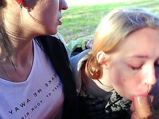 Girls Training To Be Sluts - Outdoor Double Blowjob & Cum
