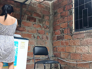 slut in the yard showing her pussy - under her dress