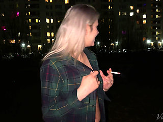 Smoking Blonde with Naked Tits Smokes!