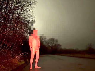 Risky wank naked n barefoot in road