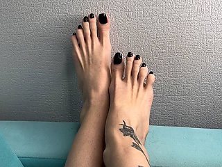 My Bare Feet with Long Toes, Black Toenail Polish, Worship My Toes