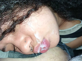 Beautiful POV of a creampie on a slut's face and lips.