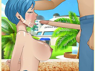 Busty milf Bulma from Dragon Ball Z gets slow and sensual throatfucking outside Capsule Corp