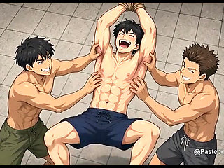 Strung Up By The Wrists II - Bare Hands On A Bound Muscle Jock's Armpits And Ribs (2D Anime Bara)
