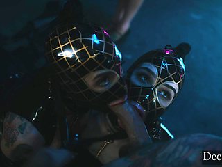 Brunette babes Joanna Angel and Evelyn Claire in a rough latex ffm