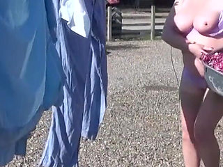 Trisha hanging out the washing