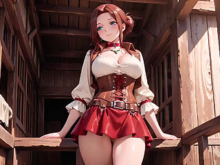 Lazy Tease on the Sun-drenched Porch, Corset Cinching Her Curves, Fingertips Grazing Chest, That Taboo Gaze in the Sunlight