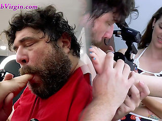 Skinny Brunette foot reveal, gets toes sucked and licked