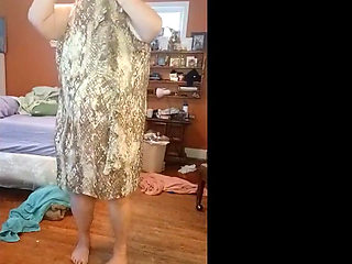 Dressing  in fluffy print dress from nude
