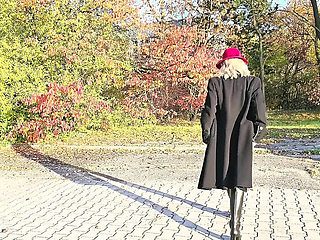 Autumn Outdoor Strip Tease with Blonde MILF Misses Jenny Big Natural Tits