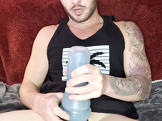 Trying out a new blue fleshlight stroker toy.
