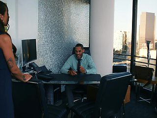 Asian brunette Vanessa Sky gets fucked in the office by Lucky Fate