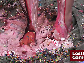 Amateur Lesbian Strip Game with Big Natural Tits - Girls Take Turns with a Knob for a Messy Facial