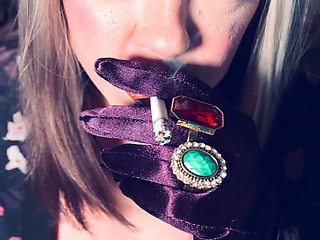 BBW Smoker Tina Snua Wears Purple Satin Gloves & Jewellery & Tip To Tail 2 Cigarettes - Domme Smoking BBW OMI OME