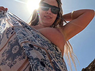 Nudist Girl Playing with Pussy and Tits on the Public Beach