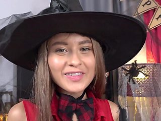 Angelic babe in a witch hat gets fucked deeper