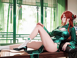 Red Hair & Emerald Qipao! Lazy Seduction in the Eastern Courtyard