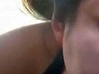 Asian babe gives hot BBC blowjob in car by the lake