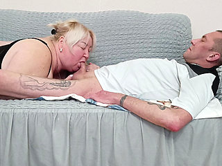 Stepmom kneads her throat with a deep blowjob and swallows cum