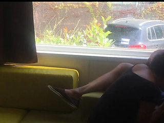 Risky Public Blowjob In Front Of Window - Hot Brunette MILF Wife On Her Knees Outdoor Camping