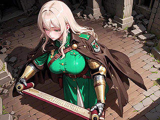 Blonde Knight's Afternoon! Green Uniform Golden Mechanical Arms, Lazily Contemplating in Ancient Stone Ruins.