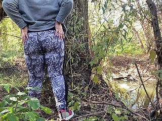 Mature, curvy milf stepmom fingers herself outdoors