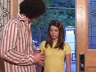 Innocent brunette babysitter want to thank her boss with his friend