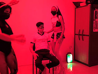 Shy birthday boy gets a sensual dance from two sluts in lingerie