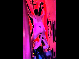 Long cock dildo on Hotwife while tied to a cross