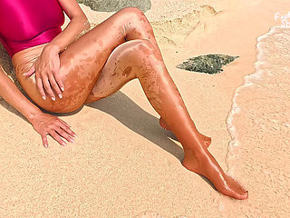 918 Gold Spandex Pantyhose and Link Swimsuit on the Beach