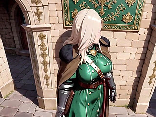 Blonde Knight's Afternoon! Green Uniform Golden Mechanical Arms, Lazily Contemplating in Ancient Stone Ruins.