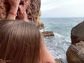 Amigo fucked the climber in the mouth and pussy right on the edge of the cliff