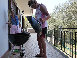 Distressed Stepaunt Seduces and Fucks Virgin Stepnephew to Convince Him to Help Her with the Bbq Before the Guests Arrive