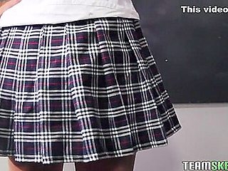 Cute schoolgirl in short skirt giving head
