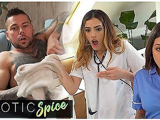Two Nurses Catch Hunky Guy Naked And Masturbating Furiously With Camila Palmer, Penelope Cross And Angelo Godshack