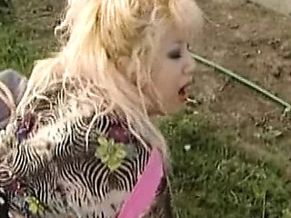 German blonde with big tits takes huge dick outdoors - anal and doggy style
