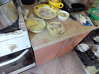 Sexy wife prepares lunch naked in the kitchen