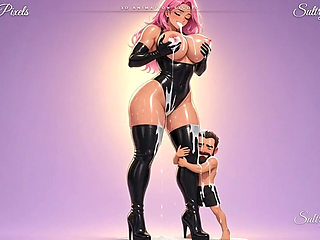 Pink-haired Anime Latex Giantess Squeezes Milk From Her Huge Tits as a Tiny Man Hugs Her Boot