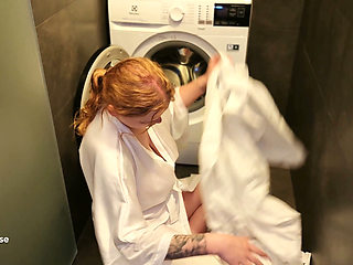 My Stepbrother Fucks Me While My Head Is Inside the Washing Machine and Covers My Tits in His Cum.
