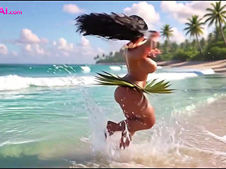Exotic hula beauty on all fours, tribal men watching her curves (AI Generated)