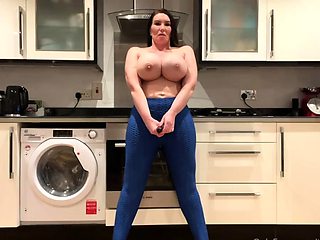 Busty curly brunette with big boobs fucks on couch